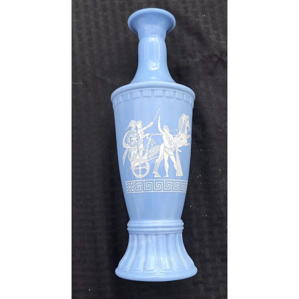 Jim Beam blue glass 14" bottle decanter with Roman soldiers chariot vase 1960’s